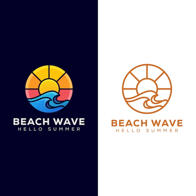 日の出のロゴ 夏のロゴデザイン ラインアートのロゴバージョンのビーチウェーブ プレミアムベクター