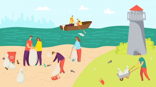 Premium Vector | Beach with garbage, people clean environment ...