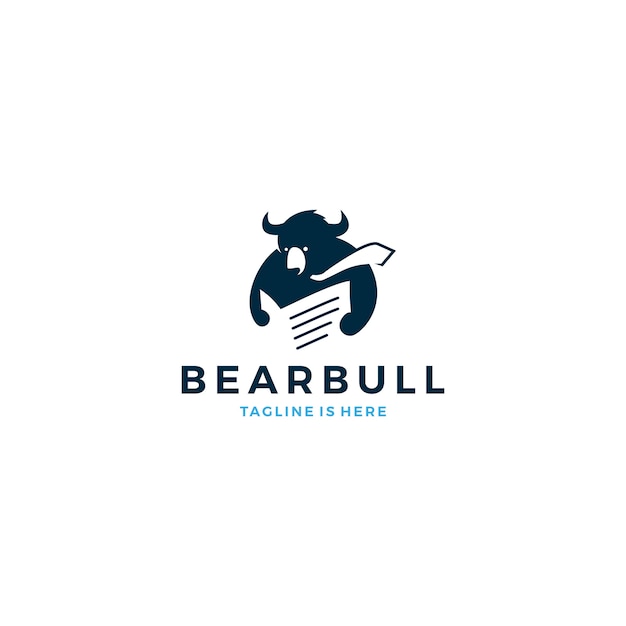Bear bull reading newspaper wearing tie logo mascot icon vector template illustration Premium Vector