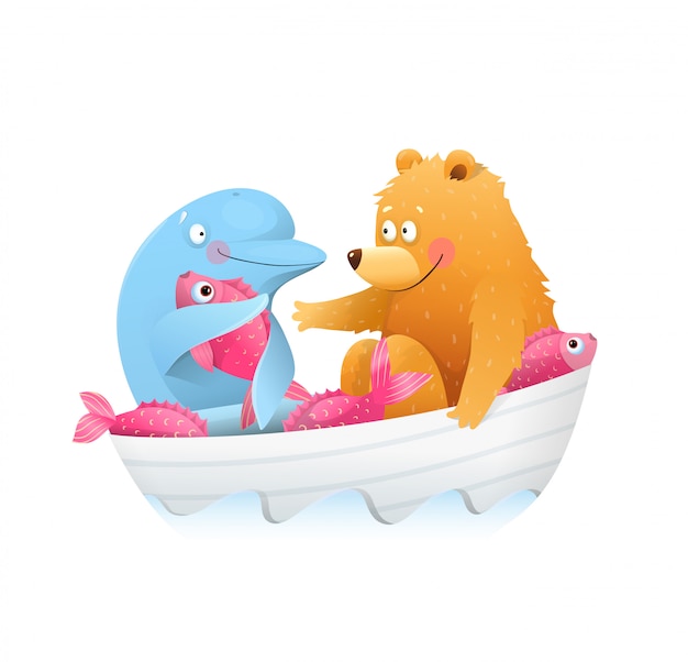 Premium Vector Bear And Dolphin Animal Friends Kids Cartoon