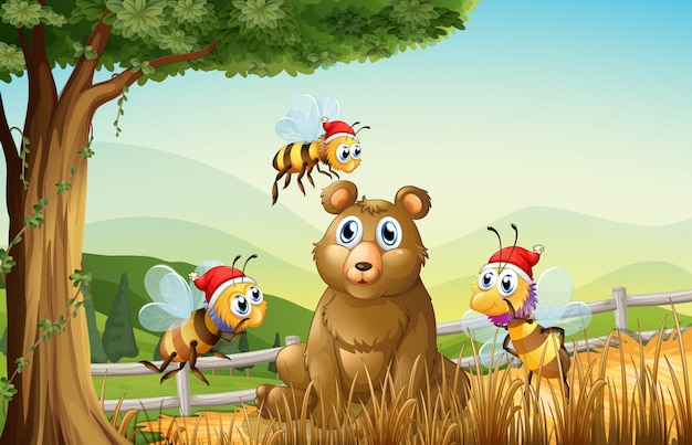 A bear at the forest with three santa bees Free Vector
