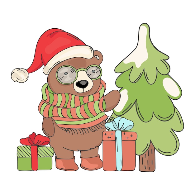 Premium Vector | Bear santa gift merry christmas cartoon