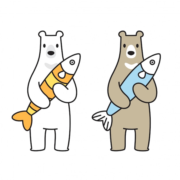 ベアベクトル北極熊のアイコンロゴ魚のサケ漫画のキャラクターのイラスト プレミアムベクター