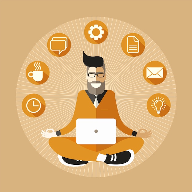 Bearded and bespectacled hipster programmer with a laptop meditating in sukhasana easy pose. Premium Vector