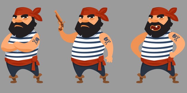 さまざまなポーズのひげを生やした海賊 漫画のスタイルの男性キャラクター プレミアムベクター