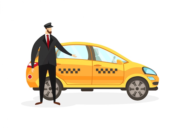 Premium Vector | Bearded taxi driver stand near yellow car clip art