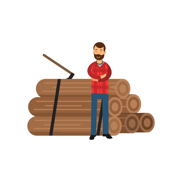 Premium Vector | Bearded woodcutter in hipster plaid shirt standing ...