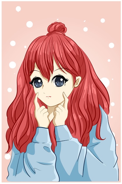 ジャケット漫画イラストと美しくてかわいい女の子の長い赤い髪 プレミアムベクター