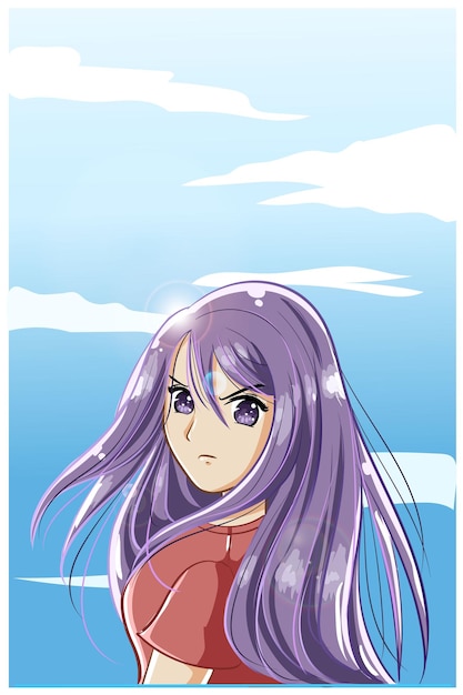 美しくてかわいい女の子紫の長い髪の漫画イラスト プレミアムベクター