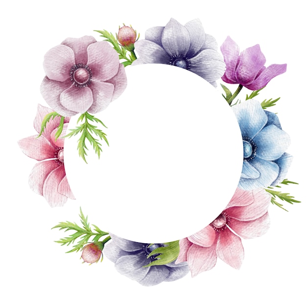 Download Beautiful anemone flowers circle border Vector | Premium Download