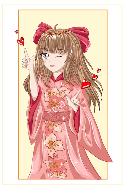 ピンクの着物と赤い髪のリボンを身に着けている茶色の髪の美しいアニメの女の子日本人 プレミアムベクター