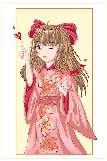 Premium Vector Beautiful Anime Girl Japanese With Brown Hair Wearing Pink Kimono And Red Hair Ribbon