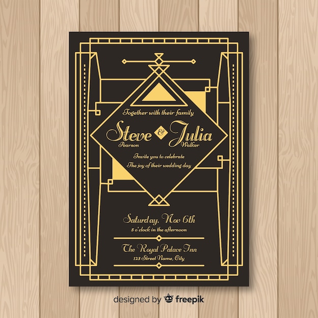 Beautiful art deco wedding invitation template Free Vector