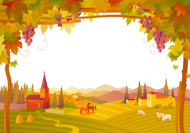 美しい秋の風景 教会 別荘 ブドウ園のある田舎の秋 ベクトルイラスト プレミアムベクター