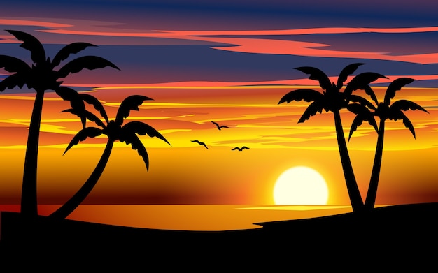 Premium Vector Beautiful Beach Sunset Illustration