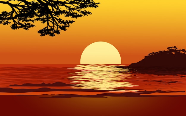 Premium Vector Beautiful Beach Sunset Scene With Tree Silhouette