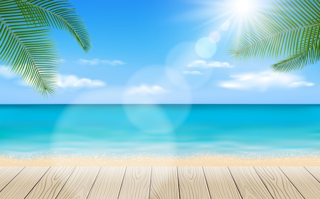 Beautiful beach with wooden table elements Premium Vector