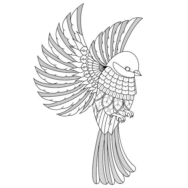 美しい鳥のイラスト 直線的なスタイルの塗り絵のマンダラzentangle プレミアムベクター