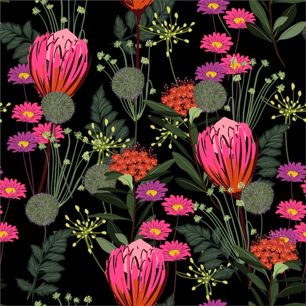 多くの種類の花 プロテアと牧草地のカラフルなシームレスパターンベクトル ファッション ファブリック 壁紙 ラッピング すべてのタイプのプリントのデザインと美しい咲く庭の 夜 プレミアムベクター
