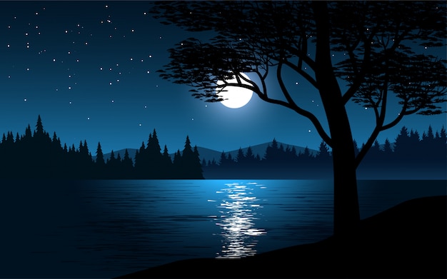 Premium Vector Beautiful Blue Night With River And Forest With Moon And Stars