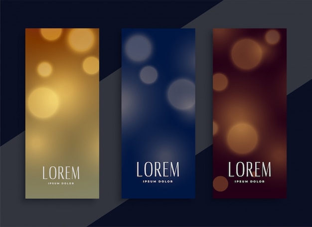 Beautiful bokeh banners set in three colors Free Vector