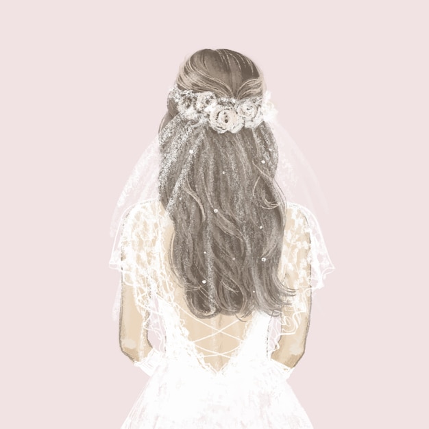 白いドレスの美しい花嫁 手描きイラスト プレミアムベクター