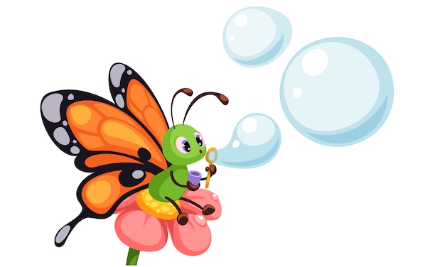 Beautiful Butterfly Blowing Bubbles Premium Vector