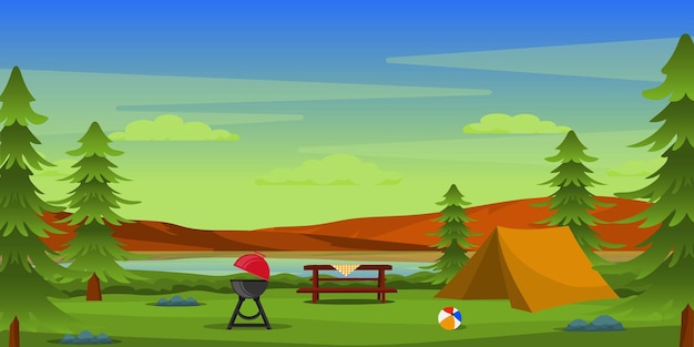 Premium Vector | Beautiful camping background with camps and hills