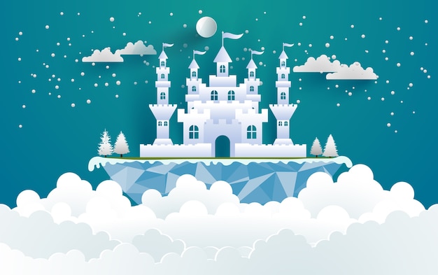 雲の冬の美しい城のイラスト メリークリスマス デザインの紙アートと工芸品 プレミアムベクター