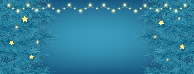 Beautiful christmas card on blue background. holiday decor element with lights garlands and fir branches. happy new year background. Premium Vector