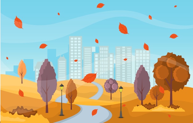 Premium Vector | Beautiful city park in fall autumn with building ...