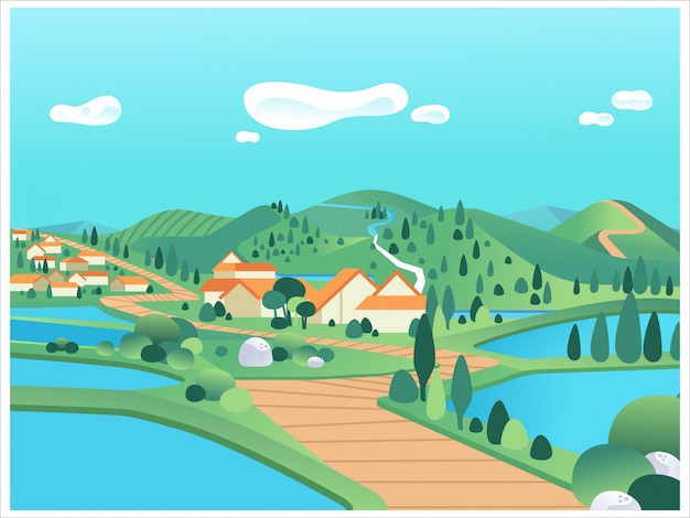 Premium Vector Beautiful Countryside Landscape With Mountains Hills Lake Houses And Road Illustration Used For Poster Website Image Info Graphic And Other