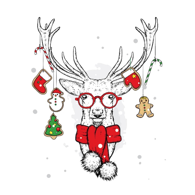 Premium Vector | Beautiful deer and christmas clothes and decorations