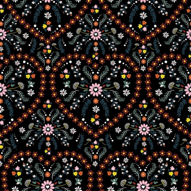 花のハート型 ファンタジーシームレスパターンベクトルデザイン ファッション ファブリック テキスタイル 壁紙 カバー ウェブ ラッピング 黒のすべてのプリントのデザインを持つ美しい繊細な小さな花 プレミアムベクター