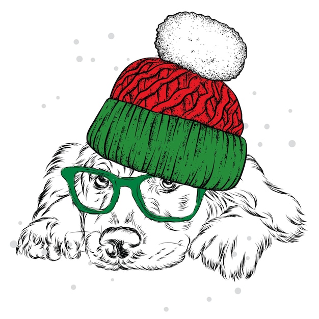 Premium Vector | A beautiful dog in a hat, glasses. christmas and new year.