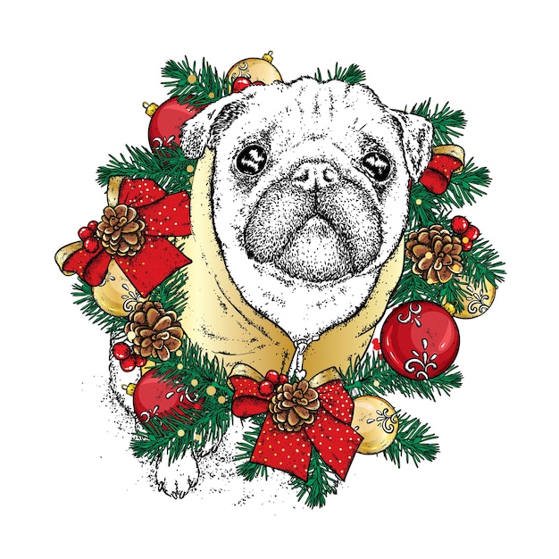 Premium Vector Beautiful Dog With Christmas Wreath