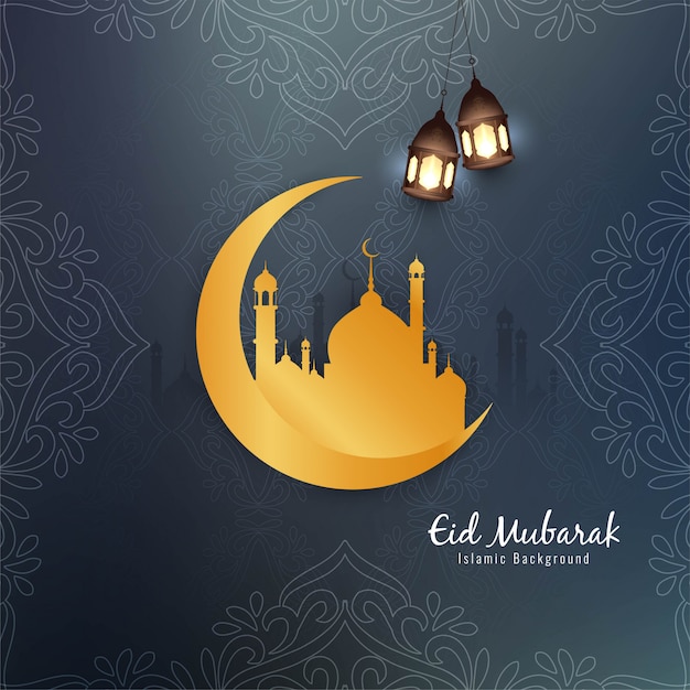 Beautiful eid mubarak islamic design with golden moon Free Vector