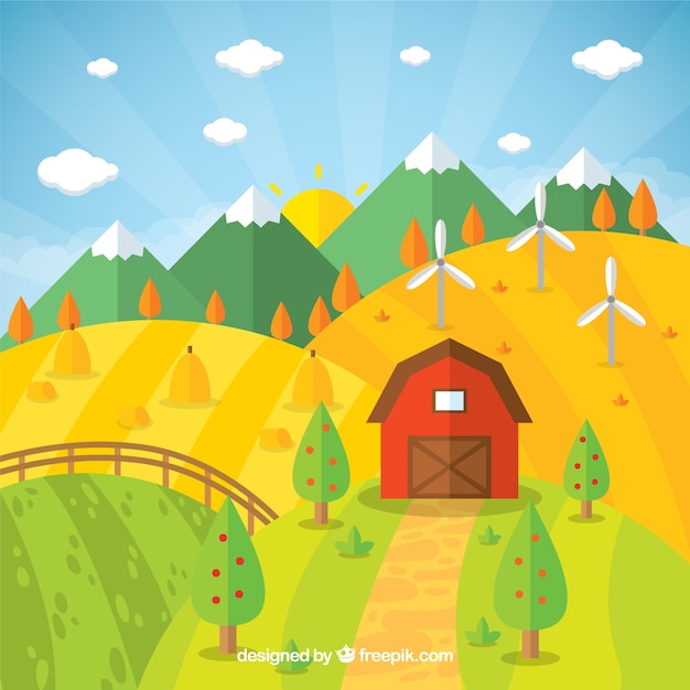 Beautiful farm landscape with mountains in flat\
design