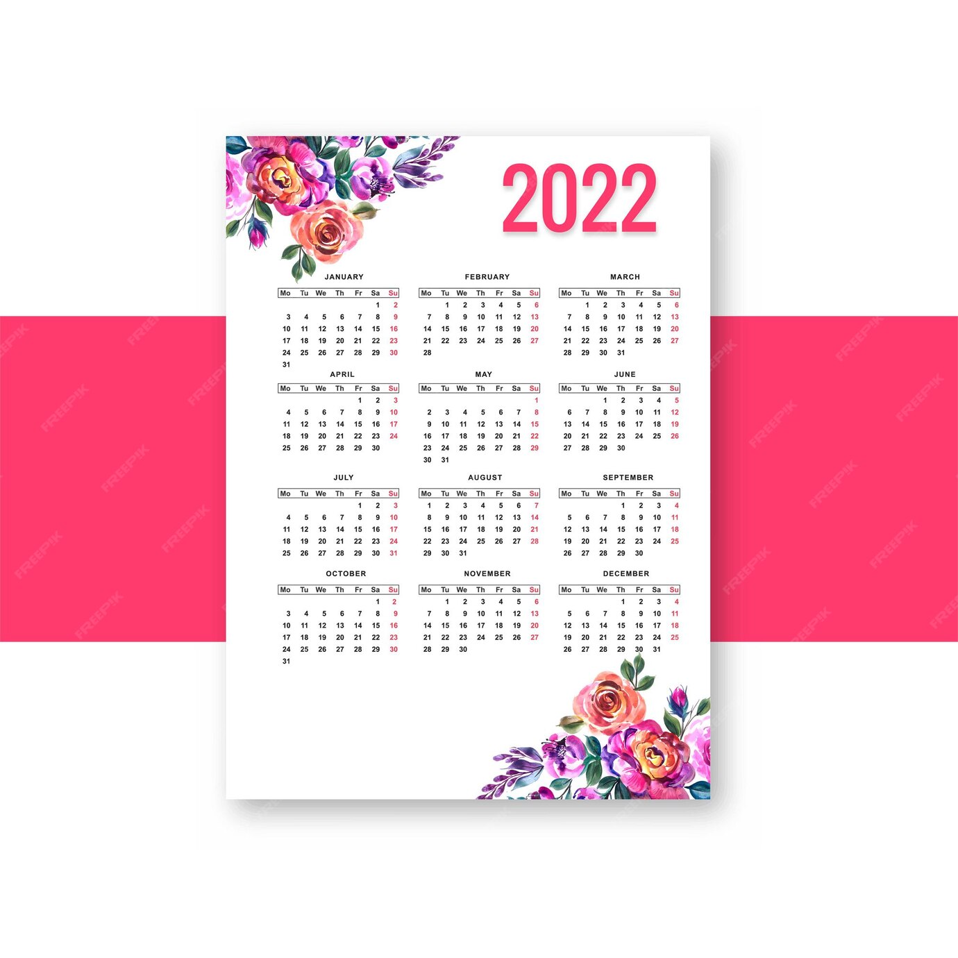 Free Vector Beautiful Floral 2022 New Year Calendar Template Design