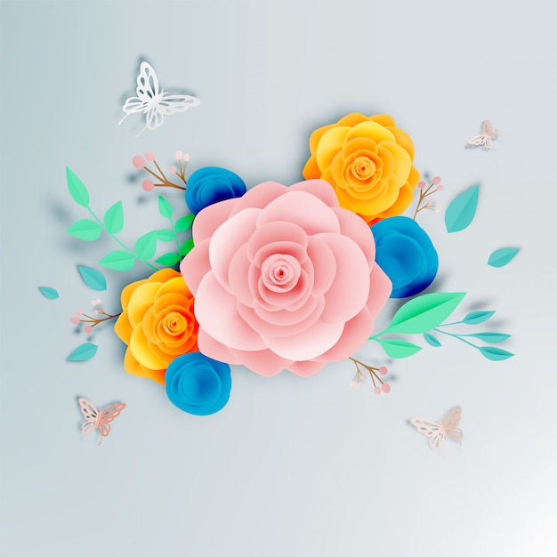 蝶のベクトルイラストと美しい花の紙の芸術 プレミアムベクター