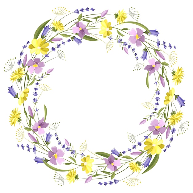 Premium Vector | Beautiful floral round frame with wildflowers and leaves