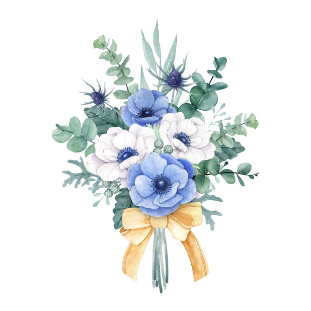 白と青のアネモネの花と美しい花の花束 プレミアムベクター