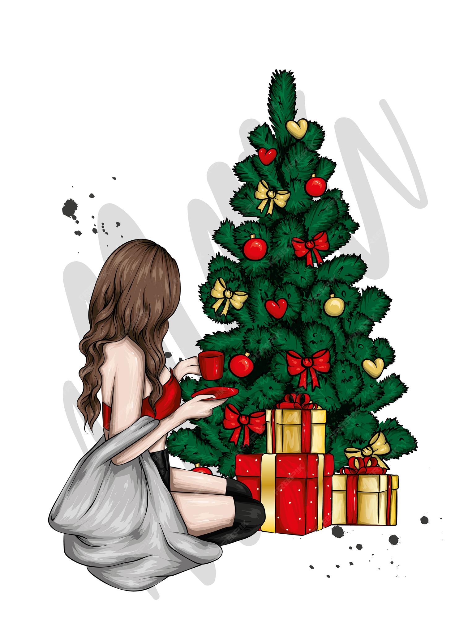 Premium Vector | Beautiful girl in stylish clothes and a christmas tree