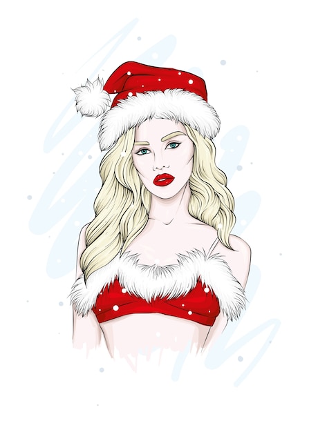 Premium Vector | Beautiful girl in a swimsuit and a santa claus hat