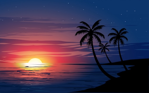 Premium Vector | Beautiful Glowing Sunset In Tropical Beach