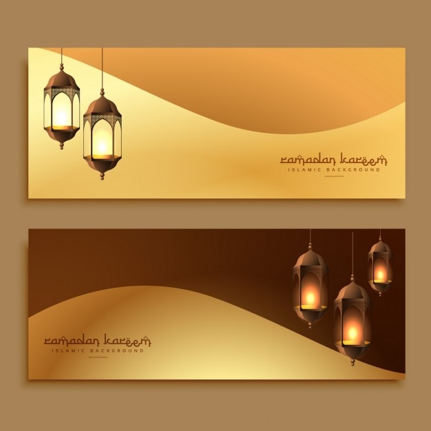 Beautiful golden ramadan banners with hanging\
lamps