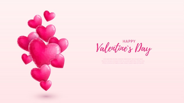美しい幸せなバレンタインデーの壁紙 ピンクのクリスタルフライングハートとパステルピンクの背景上のテキスト 低ポリスタイルの愛のシンボル はがき チラシ 招待状 ポスター バナーのイラスト プレミアムベクター