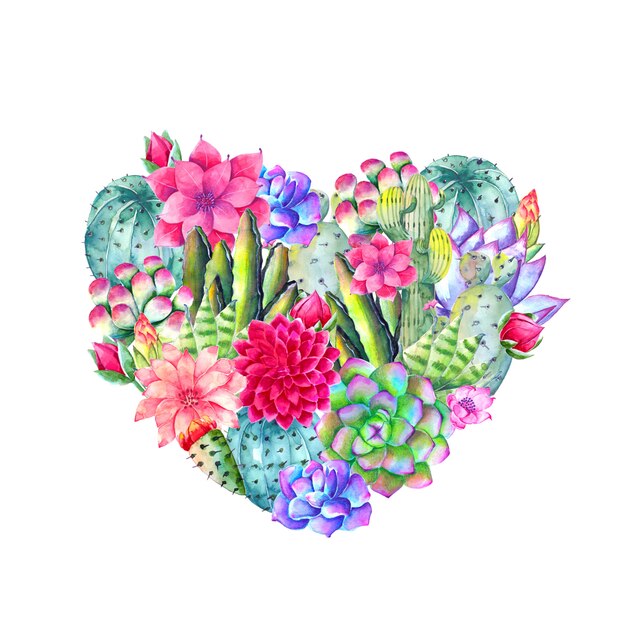 Beautiful heart filled with watercolor flowers and leaves | Premium Vector