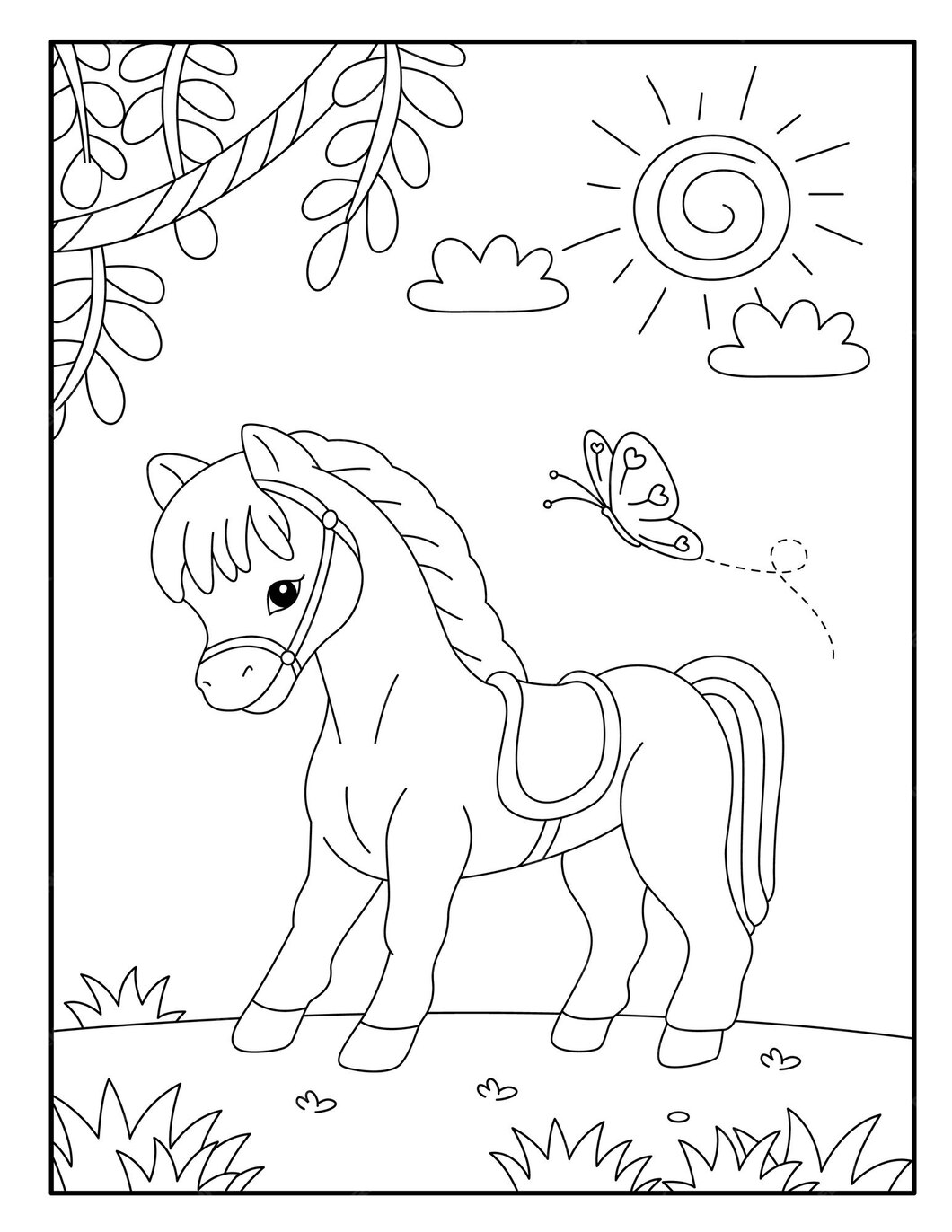 Premium Vector | Beautiful horse coloring page for kids