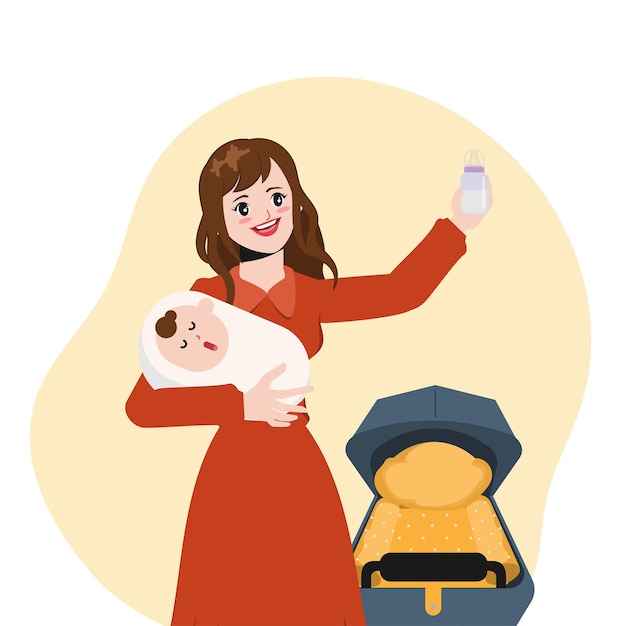 Download Free Vector | Beautiful housewife is feeding baby illustration vector cartoon animation design